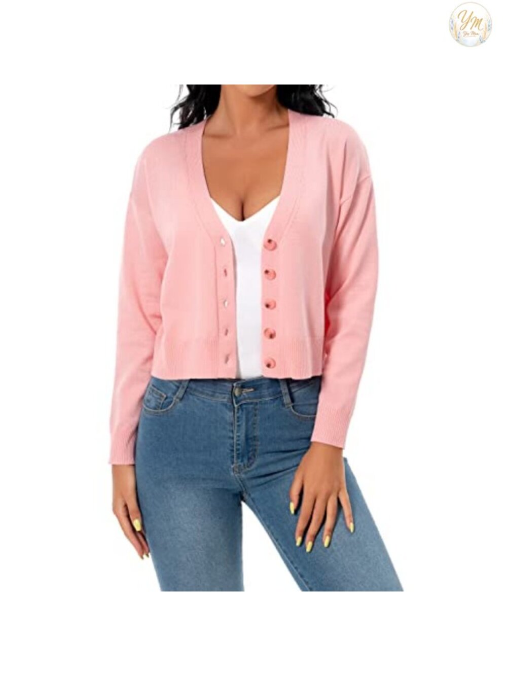 V-Neck Long Sleeve Cropped Cardigan Shrug Ribbed Knit Button
